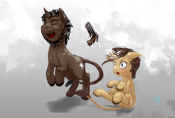 Size: 1000x677 | Tagged: safe, artist:kasdraws, oc, oc only, oc:errant signal, oc:luminous beacon, classical unicorn, pony, unicorn, beard, blushing, eyes closed, female, filly, floppy ears, gun, horn, laughing, leonine tail, magic, medicine & mail, open mouth, smiling, telekinesis, unshorn fetlocks, wide eyes