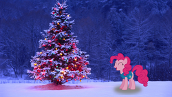 Size: 1920x1080 | Tagged: safe, artist:lexuzieel, edit, pinkie pie, earth pony, pony, g4, winter wrap up, christmas lights, christmas tree, clothes, eyes closed, female, irl, laughing, mare, photo, ponies in real life, shadow, snow, solo, tree, vector, vest, wallpaper, weather team, winter wrap up vest