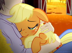 Size: 1500x1100 | Tagged: safe, artist:ponyecho, applejack, earth pony, human, pony, g4, barn, bedroom eyes, blushing, cuddling, cute, floppy ears, hay, holding a pony, hug, human on pony snuggling, interspecies, jackabetes, petting, ponyecho is trying to murder us, show accurate, smiling, snuggling, solo focus, sunset, weapons-grade cute, wink