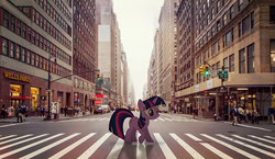 Size: 1024x593 | Tagged: safe, artist:scouty547, twilight sparkle, human, g4, building, car, crosswalk, irl, new york city, photo, ponies in real life, shadow, solo, street, streetlight, suv, van, vector