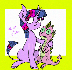 Size: 453x439 | Tagged: safe, artist:ponynamedrp, spike, twilight sparkle, classical unicorn, g4, horn, leonine tail, russian