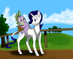 Size: 1280x1041 | Tagged: safe, artist:ced75, artist:imsokyo, rarity, spike, classical unicorn, dragon, pony, unicorn, daily life of spike, g4, colored, dragons riding ponies, duo, duo male and female, female, horn, leonine tail, male, mare, riding, spike riding rarity
