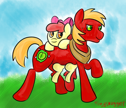 Size: 1398x1200 | Tagged: safe, artist:tittysmuggler, apple bloom, big macintosh, earth pony, pony, g4, apple bloom riding big macintosh, brother and sister, cute, female, filly, foal, hanging, male, ponies riding ponies, raised hoof, riding, siblings, smiling, stallion, walking