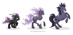 Size: 4312x2091 | Tagged: safe, artist:almairis, gastly, gengar, haunter, ethereal mane, evolution chart, family, female, floating limbs, foal, male, mare, pokémon, ponified, ponymon, simple background, stallion, transparent background, trio