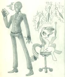 Size: 2136x2528 | Tagged: safe, artist:cladz, rarity, human, g4, cigarette, kunai, monochrome, spy, spy (tf2), team fortress 2, traditional art