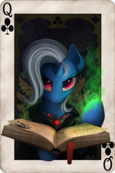 Size: 1100x1650 | Tagged: safe, artist:yakovlev-vad, trixie, pony, unicorn, g4, alicorn amulet, book, card, female, magic, mare, playing card, poker, poker card, red eyes, solo