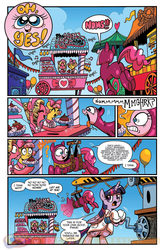 Size: 900x1384 | Tagged: safe, artist:brenda hickey, idw, fawn doo, marcie pan, pinkie pie, twilight sparkle, alicorn, pony, friends forever #12, g4, my little pony: friends forever, spoiler:comic, bell, catsuit, clothes, crane, denied, female, flailing, idw advertisement, lab coat, mare, nom, nom denied, oh yes, onomatopoeia, preview, sound effects, twilight sparkle (alicorn)