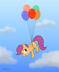 Size: 829x1000 | Tagged: safe, artist:empyu, pinkie pie, scootaloo, pegasus, pony, g4, 30 minute art challenge, balloon, female, filly, floating, flying, scootaloo can fly, scootaloo can't fly, solo, then watch her balloons lift her up to the sky