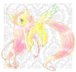 Size: 1600x1510 | Tagged: safe, artist:bubblerubble, fluttershy, pegasus, pony, g4, colored hooves, colored pupils, cute, female, flower in hair, long mane, long tail, profile, shyabetes, solo, sparkles, spread wings, wings