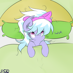 Size: 2000x2000 | Tagged: safe, artist:freefraq, cloudchaser, g4, accessory swap, bed, bed mane, bow, cute, female, fluffy, high res, looking up, on back, pillow, smiling, solo, wat