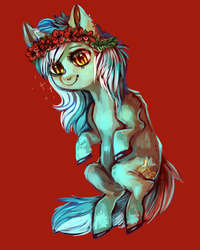 Size: 800x1000 | Tagged: safe, artist:temary03, lyra heartstrings, pony, unicorn, g4, female, floral head wreath, flower, flower in hair, mare, red background, simple background, solo