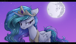 Size: 841x488 | Tagged: safe, artist:rrusha, princess celestia, alicorn, pony, lullaby for a princess, g4, female, floppy ears, letterboxing, mare, mare in the moon, moon, sad, solo