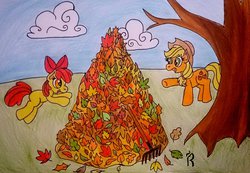 Size: 1024x708 | Tagged: safe, artist:dawn-designs-art, apple bloom, applejack, g4, autumn, jumping, leaves, newbie artist training grounds, rake, traditional art