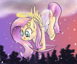 Size: 2400x2001 | Tagged: safe, artist:manfartwish, fluttershy, g4, clothes, cupid, dress, female, flying, halo, high res, laurel wreath, solo, tree, winter