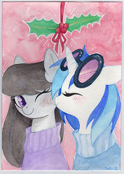 Size: 501x700 | Tagged: safe, artist:trefleix, dj pon-3, octavia melody, vinyl scratch, g4, female, holly, holly mistaken for mistletoe, kissing, lesbian, ship:scratchtavia, shipping, traditional art