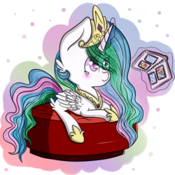 Size: 2000x2000 | Tagged: safe, artist:kyou-shi, princess celestia, sunset shimmer, pony, unicorn, g4, bed, blushing, chibi, crying, cute, female, high res, levitation, magic, photo album, prone, smiling, solo, telekinesis