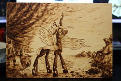 Size: 1280x854 | Tagged: safe, artist:horseez, queen chrysalis, g4, craft, female, pyrography, solo, windswept mane, woodwork