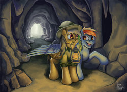 Size: 1600x1163 | Tagged: safe, artist:zevironmoniroth, daring do, rainbow dash, pegasus, pony, g4, cave, eye reflection, lantern, mouth hold, reflection