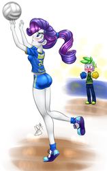 Size: 1200x1909 | Tagged: safe, artist:pia-sama, rarity, spike, human, equestria girls, g4, alternate hairstyle, ass, blood, blushing, breasts, butt, butt shake, cheerleader, clothes, eyes on the prize, female, high ponytail, human spike, humanized, male, nosebleed, pom pom, ponytail, rearity, ship:sparity, shipping, shoes, shorts, sneakers, straight, the ass was fat, volleyball, volleyball shorts