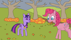 Size: 4096x2304 | Tagged: safe, artist:roxor128, pinkie pie, twilight sparkle, pony, g4, confused, duo, eating, frown, horses doing horse things, leaves, medal, nom, raised eyebrow, running of the leaves, tree