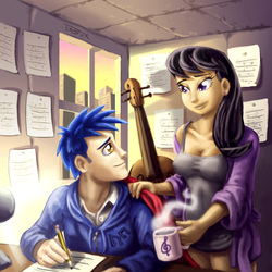 Size: 1080x1080 | Tagged: safe, artist:pluckyninja, blues, noteworthy, octavia melody, human, g4, cello, female, humanized, male, musical instrument, notetavia, shipping, straight