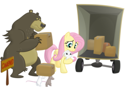 Size: 6723x4735 | Tagged: safe, artist:frogem, angel bunny, fluttershy, harry, bear, rat, g4, absurd resolution, box, condemned, moving, sign