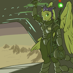 Size: 3000x3000 | Tagged: safe, artist:halcy0n, oc, oc only, oc:sunset sherbet, pegasus, anthro, unguligrade anthro, fallout equestria, armor, enclave, fallout, high res, solo