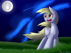 Size: 1600x1200 | Tagged: safe, artist:mechanized515, derpy hooves, pegasus, pony, g4, aurora borealis, female, field, mare, mare in the moon, moon, night, shooting star, solo