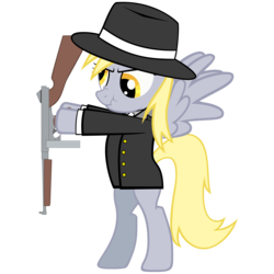 Size: 3000x3000 | Tagged: safe, artist:zakbo1337, derpy hooves, pegasus, pony, g4, blazer, clothes, fedora, female, gangster, gun, hat, high res, mare, shirt, solo, tommy gun