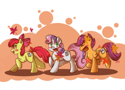 Size: 1069x768 | Tagged: safe, artist:tikrs007, apple bloom, scootaloo, sweetie belle, g4, cutie mark crusaders, maple leaf, running of the leaves