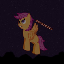 Size: 649x649 | Tagged: safe, scootaloo, pegasus, pony, g4, female, flying, night, scootaloo can fly, solo, starry sky, text