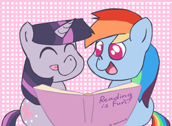 Size: 851x622 | Tagged: safe, artist:kyzacreations, rainbow dash, twilight sparkle, pony, g4, book, duo, morningtwilightsparkle, reading, smiling, tongue out