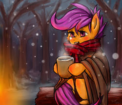 Size: 2200x1900 | Tagged: safe, artist:benjik, scootaloo, pegasus, pony, g4, blanket, blushing, campfire, cloak, clothes, female, filly, foal, forest, hoof hold, mug, newbie artist training grounds, open mouth, scarf, sitting, snow, snowfall, solo, tree