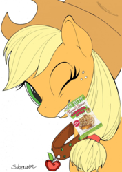 Size: 725x1024 | Tagged: safe, artist:siberwar, edit, applejack, g4, chocolate, collar, mouth hold, russel stover, wink