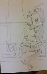 Size: 802x1257 | Tagged: safe, artist:epluribusmodem, trixie, pony, unicorn, g4, clothes, female, mare, monochrome, scarf, socks, solo, tea, traditional art