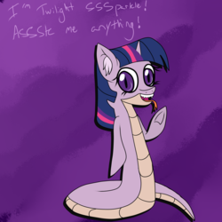 Size: 1280x1280 | Tagged: safe, artist:novaspark, twilight sparkle, lamia, original species, ask lamia twi and friends, g4, ask, ear fluff, fangs, female, forked tongue, lamiafied, slit pupils, solo, species swap, tongue out, tumblr, twilamia, twilight snakle