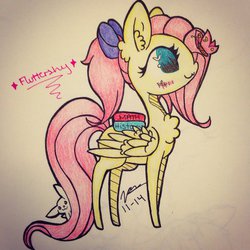 Size: 1024x1024 | Tagged: safe, artist:chillytuna929, angel bunny, fluttershy, butterfly, g4, alternate hairstyle, blushing, book, chest fluff, ear fluff, female, ponytail, solo, traditional art