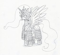 Size: 931x858 | Tagged: safe, artist:sensko, princess celestia, alicorn, pony, g4, armor, black and white, blank eyes, female, grayscale, monochrome, pencil drawing, simple background, sketch, solo, traditional art, white background