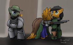 Size: 1280x796 | Tagged: safe, artist:the-furry-railfan, oc, oc only, oc:moral fringe, oc:twintails, pegasus, pony, fallout equestria, fallout equestria: occupational hazards, b.a.r., battle saddle, cigar, clothes, gun, hat, luger, pistol, power armor, rifle