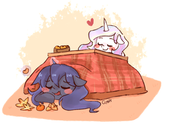 Size: 1200x850 | Tagged: safe, artist:gyaheung, princess celestia, princess luna, alicorn, pony, g4, blush sticker, blushing, duo, eyes closed, food, kotatsu, orange, sleeping