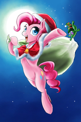 Size: 1000x1500 | Tagged: safe, artist:d-lowell, gummy, pinkie pie, g4, cape, christmas, clothes, female, hat, moon, sack, santa hat, santa sack, solo