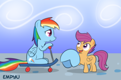 Size: 1000x660 | Tagged: safe, artist:empyu, rainbow dash, scootaloo, pegasus, pony, g4, 30 minute art challenge, backwards wings, duo, helmet, inverted wings, poison joke, rainbow crash, scooter