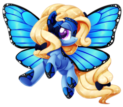 Size: 2302x2000 | Tagged: safe, artist:centchi, oc, oc only, oc:blue peleide, butterfly pony, original species, pony, bow, butterfly wings, flying, high res, long description, simple background, solo, tail bow, transparent background