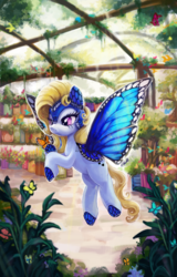 Size: 1656x2592 | Tagged: safe, artist:eiolf, oc, oc only, oc:blue peleide, butterfly, butterfly pony, monarch butterfly, original species, pegasus, pony, bow, butterfly wings, greenhouse, solo, tail bow