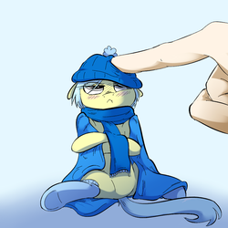 Size: 1000x1000 | Tagged: safe, artist:khorme, oc, oc only, oc:ultramare, earth pony, pony, blanket, blushing, clothes, cold, crossed legs, cute, hand, hat, micro, poking, pouting, scarf, sitting, socks, toque, underhoof