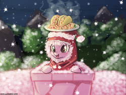Size: 960x720 | Tagged: safe, artist:lumineko, oc, oc only, oc:fluffle puff, pony, g4, balancing, chimney, clothes, cute, food, jacket, open mouth, smiling, snow, snowfall, solo, spaghetti, steam, taco