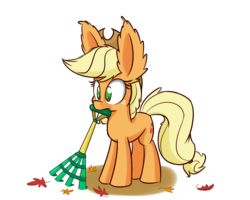 Size: 1000x800 | Tagged: safe, artist:heir-of-rick, applejack, daily apple pony, g4, female, impossibly large ears, leaves, mouth hold, rake, solo