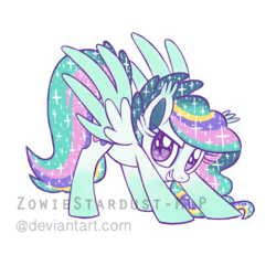 Size: 1024x946 | Tagged: dead source, safe, artist:zowiestardust-mlp, oc, oc only, oc:glitter glam, pegasus, pony, ear fluff, grin, looking at you, smirk, solo, sparkles, spread wings, watermark, wingding eyes
