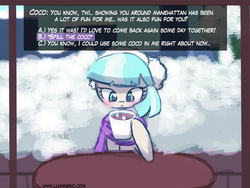 Size: 960x720 | Tagged: safe, artist:lumineko, coco pommel, g4, blushing, clothes, dating sim, english, eyebrows, implied twilight sparkle, sitting, table, text, winter, winter outfit