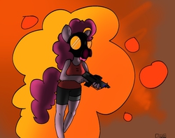 Size: 1110x873 | Tagged: safe, artist:tehboxpony, pinkie pie, earth pony, anthro, g4, abstract, clothes, explosion, fire, gun, hot, laser gun, lazer gun, pyro, ready, running, shorts, tank top, trigger discipline